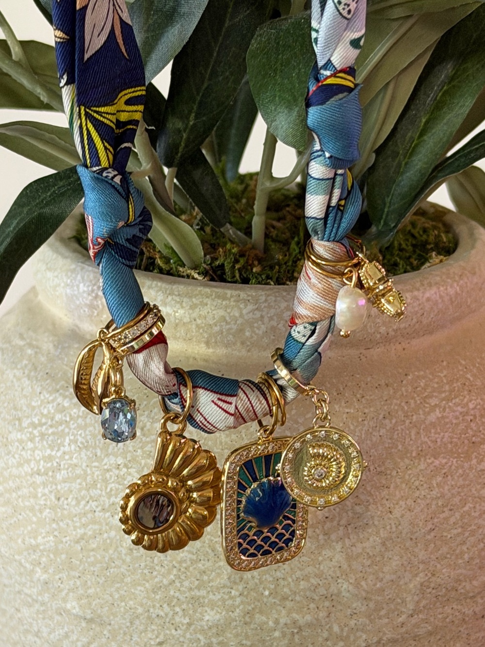 Gold Charm Scarf Necklace with Blue Patterned Silk and Mixed Charms